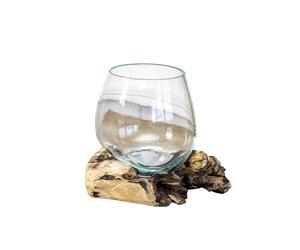 Darthome Teak Root with Mini Molten Glass Bowl 13x12x10cm Rustic Wood Base Stand Decor Ornament Gift