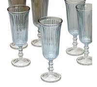 Darthome Vintage Ribbed Glass Champagne Flutes, Blue Tinted with Clear Stem, 120ml Capacity, Set of 6, 6x16x6cm, Dishwasher Safe
