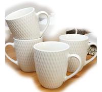 Darthome White Jewel Mugs 300ml Set of 4 Ceramic Embossed Geometric Diamond Coffee Cups