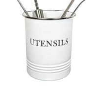 Darthome White Utensil Holder Tin Metal Grey Letters Kitchen Storage Pot Container Caddy