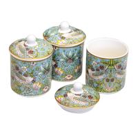 Darthome William Morris Strawberry Thief Storage Jar Set of 3, Teal, Fine China Ceramic, Airtight, Kitchen Canister, 11x16cm