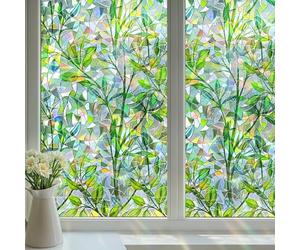 DARUITE Stained Glass Window Film, Green Leaf Pattern Window Film Privacy, Static Cling without Glue Anti UV Decorative Privacy Film for Glass Windows for Home, Office 30x200cm