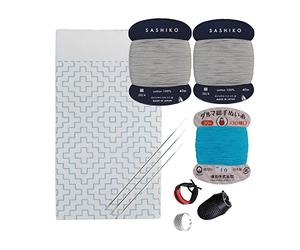 Daruma Hitomezashi Sashiko Kit - Premium Japanese Made Needle and Thread Kit with Sashiko Fukin, Thread, Needles, Thimble - Ready to Use Set (Persimmon Leaf Pattern)