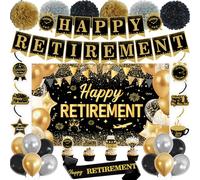 DARUNAXY Black Gold Retirement Party Decorations, Happy Retirement Banner, Officially Retired Hanging Swirl The Legend Has Retired Sash Balloons Tissue Paper Pom Poms(31PC)