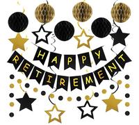 DARUNAXY Black Gold Retirement Party Decorations, Happy Retirement Banner, Officially Retired Star Hanging Swirl Honeycomb Balls, Circle Dot Garland The Legend Has Retired Party Supplies for Men Women