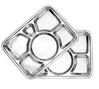 Darware Cafeteria Mess Trays (2-Pack); Stainless Steel 15 in. x 11 in. Rectangular 6-Compartment Divided Plates/Cafeteria Food Trays