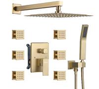 DASAN SA-SS03ABG-S12W Full Body Shower System with 6 Pieces Body Spray Nozzles and 30.5 cm Rain Shower Head and Hand Shower, Wall Mount, Rain Shower System, Brushed Gold, Complete with Valve