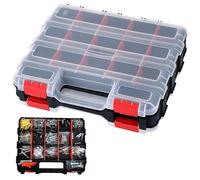 DASBET 1PC Double-Sided Tool Organizer 34-Compartment Storage Box Screw Storage Removable Dividers Tool Box with Transparent Lid DIY Hardware Assortment Organizer for Screws, Nuts, Small Parts (Red)