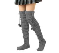 Dasbsug Cable Knitted Thigh High Long Socks With Furry Balls Embellishments For Women Winter Over Knee Boot Stockings Leg Warmer Knitted Thigh High Socks