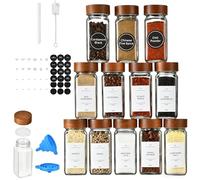 Dasellfa Spice Jars, Glass Jars with Lids, Seasoning Kitchen Storage & Organisation, Square Spice Jars With Lids and Labels, Waterproof Airtight Wooden Lid 12x 120ml