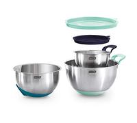 DASH DSMB300GBAB04 Stainless Steel Mixing Lids, Silicone Non-Slip Base with Measuring Lines and Strainer, 3 Bowl Set, 1.5, 3, 5 Quart, Assorted Blue: Aqua, Teal, Midnight
