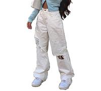 DASHadao Ripped Mom Jeans Y2K Fashion Jeans for Women Button High Waist Pocket Elastic Hole Jeans Trousers Loose Denim Pants Streetwear Petite Pants for Women Cyber Y2K Pants Plus Size Bell Bottoms
