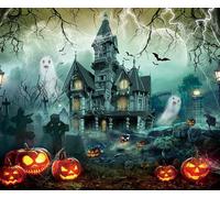 DASHAN 10x8ft Halloween Hunted House in Graveyard Backdrop for Photography Scared Pumpkins Ghost Photo Background Creepy Moon Night Backdrops Halloween Banner Decorations Photo Props