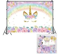DASHAN 7x5ft Polyester Unicorn Backdrop Rainbow Baby Girl 1st Birthday Cake Smash Glitter Gold Sequins Rustic Flower Photography Background Flower Unicorn Birthday Party YouTube Photo Prop