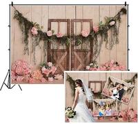 DASHAN 7x5ft Polyester Wedding Backdrop Pink Flowers Rustic Wood Barn Door Photography Bridal Shower Background Cake Smash 1st Birthday Wedding Ceremony Engagement Party Spring Scenery Photo Props