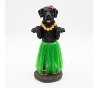 Dashboard Hula Dog Black Labrador Retriever Car Bobblehead Figurine 6 Inches Green Grass Skirt Hawaiian Lei Desk Mantle