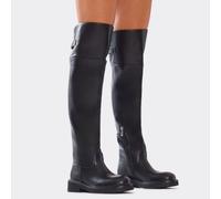 Dasher Back Buckle Detail Over The Knee Thigh High Boot In Black Faux Leather, Women's Size UK 3