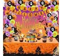 dashfor 47Pcs Halloween Decorations, Halloween Party Decorations with Reusable Halloween Backdrop, Tablecloth, Balloons, Cake Toppers, Happy Halloween Banner, Halloween Decorations Indoor/Outdoor