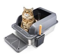 Dashfor XXL Stainless Steel Litter Tray, Extra Large Box 62×42×31cm High Sided With Lid, Scoop & Mat for Large Medium Cats - Grey