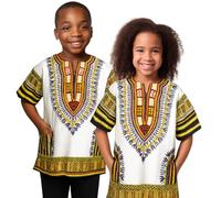 Dashiki African Kids Shirt Traditional Design, Authentic Clothes for Children Ethnic Patterns and African Print Boy Girl (UK, Age, 10 Years, 12 Years, Regular, White Orange Yellow)