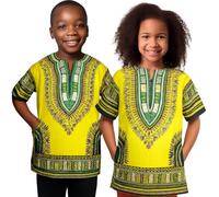 Dashiki African Kids Shirt Traditional Design, Authentic Clothes for Children Ethnic Patterns and African Print Boy Girl (UK, Age, 12 Years, 14 Years, Regular, Yellow Green)