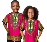 Dashiki African Kids Shirt Traditional Design, Authentic Clothes for Children Ethnic Patterns and African Print Boy Girl (UK, Age, 12 Years, 14 Years, Regular, Pink Green)