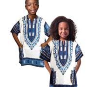 Dashiki African Kids Shirt Traditional Design, Authentic Clothes for Children Ethnic Patterns and African Print Boy Girl (UK, Age, 10 Years, 12 Years, Regular, White Blue)