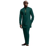 Dashiki for Men African Outfits 2 Piece Set Shirt Pants Nigerian Mens Suit Wedding Attire Tracksuit, Dark Green, XX-L