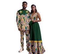 Dashiki Print African Couple Outfits - Women Dress & Men 2-Piece Suit Set(B,XXXX-Large_Women's)