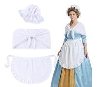 DASHUAIGE Colonial Costume Set for Women 3 Piece, White Bonnet Shawl Wrap and Ruffle Apron with Pocket, Victorian Pilgrim Maid Fancy Dress for Halloween School Play Reenactment