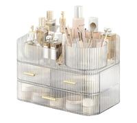 DASITON Makeup Organiser Storage Drawers, 360° Rotating Makeup Brush Holder, Large Stackable Dressing Table Cosmetic Organiser, Acrylic Skincare Storage Box for Vanity Bedroom Bathroom (Clear 03)