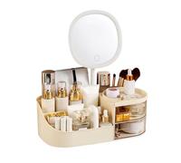 DASITON Makeup Organiser with Rechargeable Mirror, Large Capacity Dressing Table Organiser with 2 Drawers, Skincare and Cosmetics Storage Box for Vanity Desktop Bathroom Countertop (Cream)