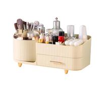DASITON Rotating Makeup Organiser for Vanity with Drawer, Large Capacity Makeup Brush Holder, Skincare and Cosmetic Dressing Table Storage Organiser for Lipstick, Brushes, Perfume, Eyeshadow (Cream)