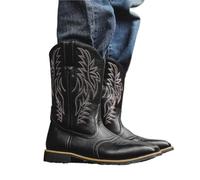 DASJKDI Men Western Cowboy Boots Embroidery Square Head Mid-calf Male Slip On Riding Shoes(Black,39)