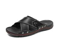 DASJKDI Men's Leather Slides Soft Slip-On Slippers Comfortable Outdoor Leisure Walk Beach Flats Wading Aqua Shoes(Black,38)