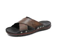 DASJKDI Men's Leather Slides Soft Slip-On Slippers Comfortable Outdoor Leisure Walk Beach Flats Wading Aqua Shoes(Brown,40)