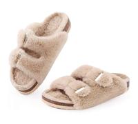 DASJKDI Women's Fuzzy Slippers With Arch Support Open Toe House Cork Footbed Sandals Rubber Sole Non-slip Winter Plush(Camel,36)