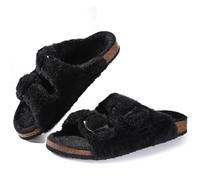 DASJKDI Women's Fuzzy Slippers With Arch Support Open Toe House Cork Footbed Sandals Rubber Sole Non-slip Winter Plush(Black,41)