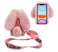 DasKAn 3D Rabbit Ears Fur Case for Samsung Galaxy S21 4G/5G with Shoulder Strap, Warm Winter Handmade Shiny Diamond Soft Plush Protective Phone Case, Light Pink