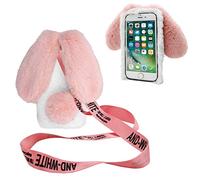 DasKAn Case for Samsung Galaxy A15 5G 3D Rabbit Ears Fur with Shoulder Strap, Winter Warm Handmade Shiny Diamond Soft Plush Protective Phone Case, White & Pink