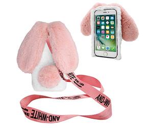 DasKAn Case for Samsung Galaxy A15 5G 3D Rabbit Ears Fur with Shoulder Strap, Winter Warm Handmade Shiny Diamond Soft Plush Protective Phone Case, White & Pink