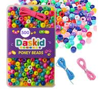 DasKid 500 Pcs Pony Beads with Blue & Pink Elastic Strings - Beads for Jewelry Making, Hair Braiding & Kids' Crafts
