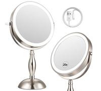 DASLAVA 20x Magnifying Mirror with Light, Lighted Makeup Mirror with 3 Color Modes and Adjustable Brightness, Side Charging Port & SideTouch Sensor, 360° Rotation -Brushed Nickel
