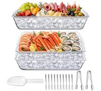 daslich 2 Pack Chilled Serving Tray with Ice Chamber, Clear PET Appetizer Platter Set with Stainless Steel Tongs, Fruit Forks & Ice Scoop, Cold Food Tray for Seafood, Fruit, BBQ & Pool Parties