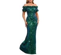 dasmzper Women Sexy Sequin Off Shoulder Ruffle Short Sleeve Bodycon Mermaid Party Formal Evening Maxi Dress, Green-peacock Flower, L