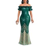 dasmzper Women Sexy Sequin Off Shoulder Ruffle Short Sleeve Bodycon Mermaid Party Formal Evening Maxi Dress, Green Colored Gold Arc, M