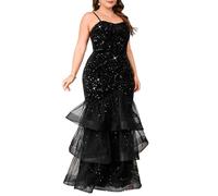 dasmzper Women Sexy Sleeveless Sequin Mesh Patchwork Maxi Dress Plus Size Sling Cocktail Party Formal Gowns, Black, L