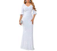 dasmzper Women's Sequin V Neck Flare Sleeve Formal Evening Gown