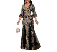 dasmzper Women's Sequin V Neck Flare Sleeve Formal Evening Gown