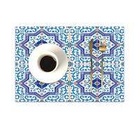 DASNK Table Mats Set of 4 Woven Vinyl Place Mats for Dinner Table Washable & Durable Indoor/Outdoor Use Table Accessories,Gorgeous pattern from dark blue and white Moroccan Portuguese tiles A,12x18in